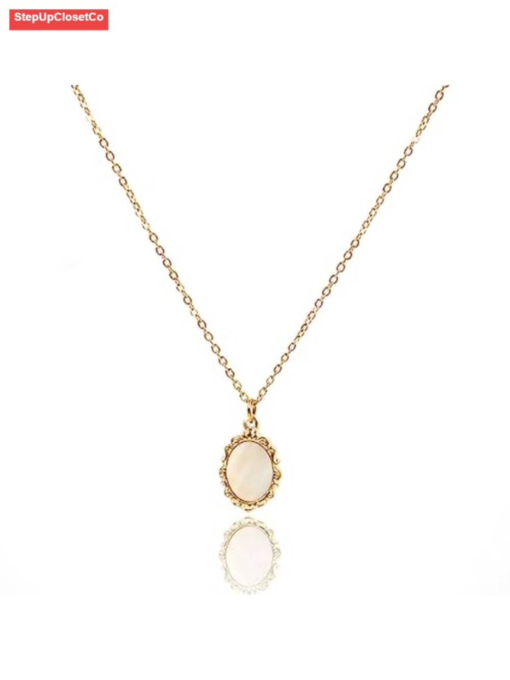 Mother of Pearl Necklace Oval Shell Pendant Cable Chain Lobster Clasp Titanium